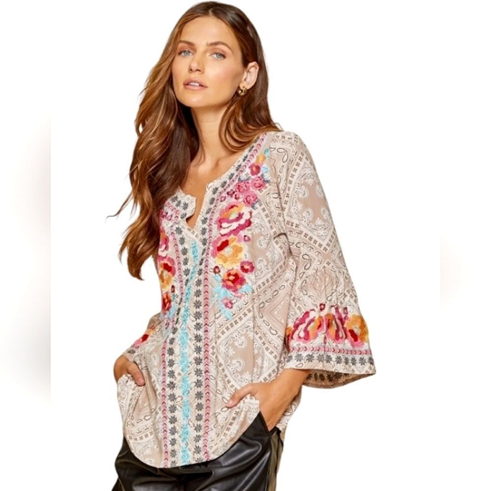 Savanna Jane Bright South Beach Floral Embroidered Blouse Size Large